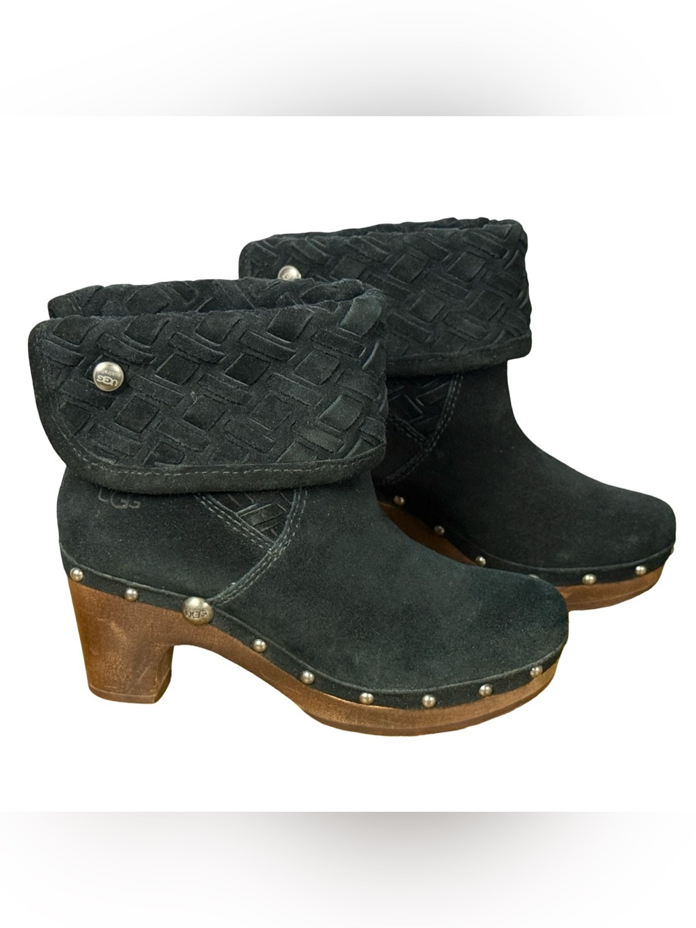 UGG Lynnea Arroyo Black Woven Suede Clog Boots Studded Wood Heel Size 6